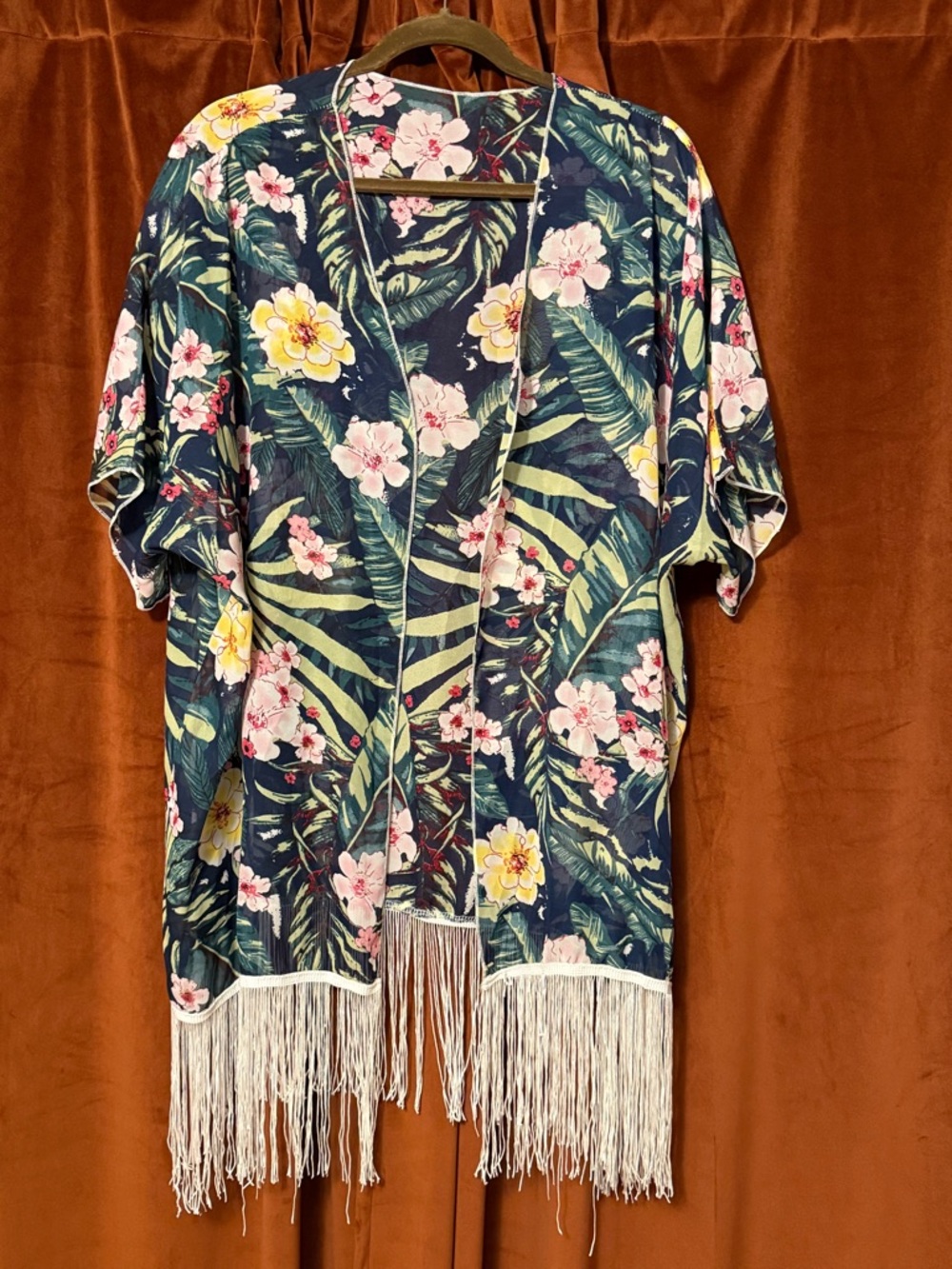 Floral Fringe Swim Coverup Kimono - Navy
